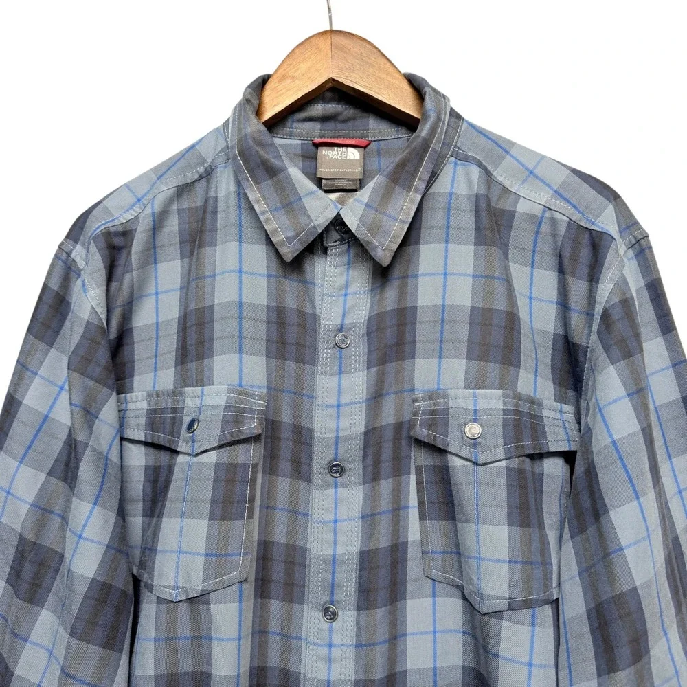 The North‎ Face Shirt Mens XL Blue Plaid A36Q Snap Front Long Sleeve Hiking Top